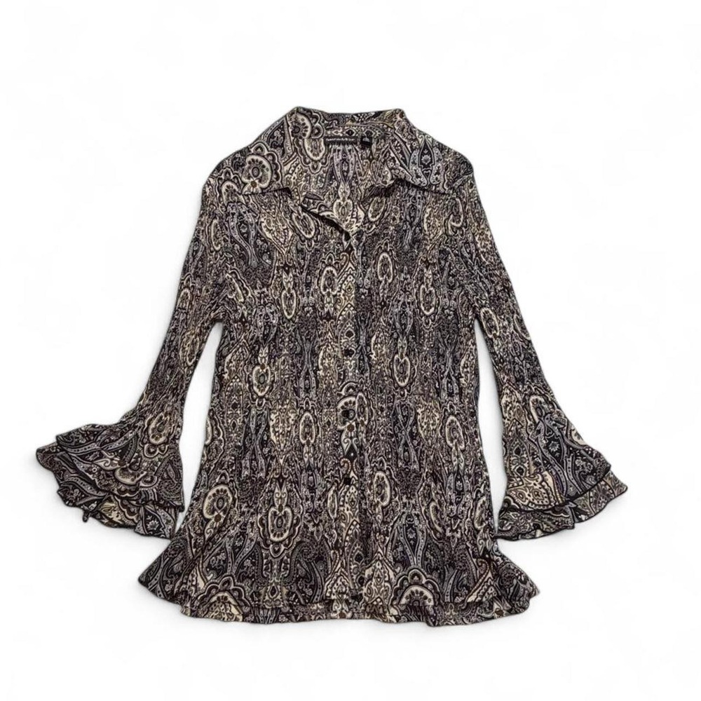 Vintage Y2K Essentials By Milano Whimsigoth Earth Tone Ruffle Sleeve Blouse